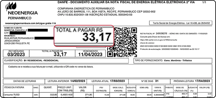 Conta de luz depois - R$ 33,17