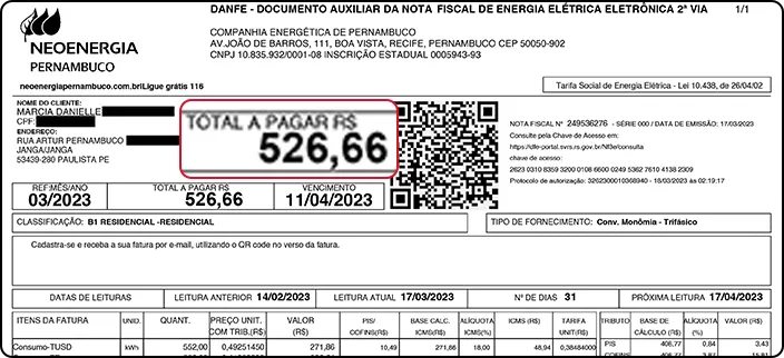 Conta de luz antes - R$ 526,66